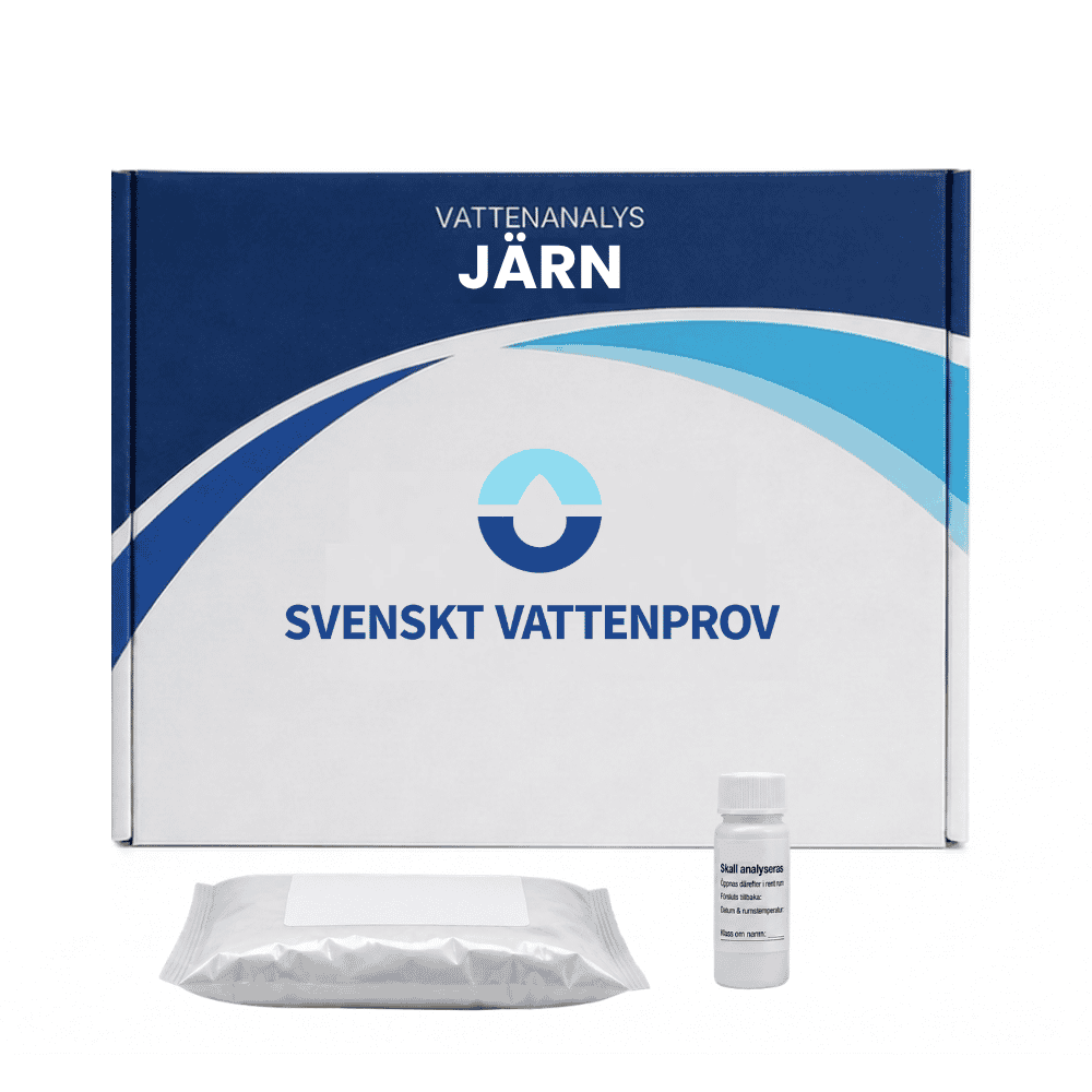 Vattenanalys Järn – provkit med provflaskor och förpackning för ackrediterad vattenanalys av brunnsvatten från Svenskt Vattenprov