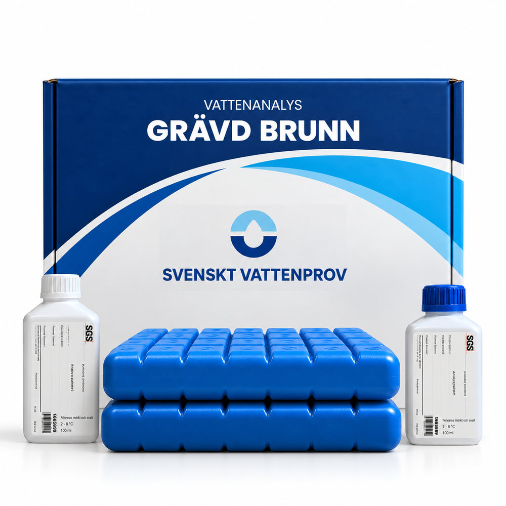 Provtagningskit för vattenanalys av grävd brunn från Svenskt Vattenprov – kartong märkt GRÄVD BRUNN med provflaskor, kylklampar och returetikett