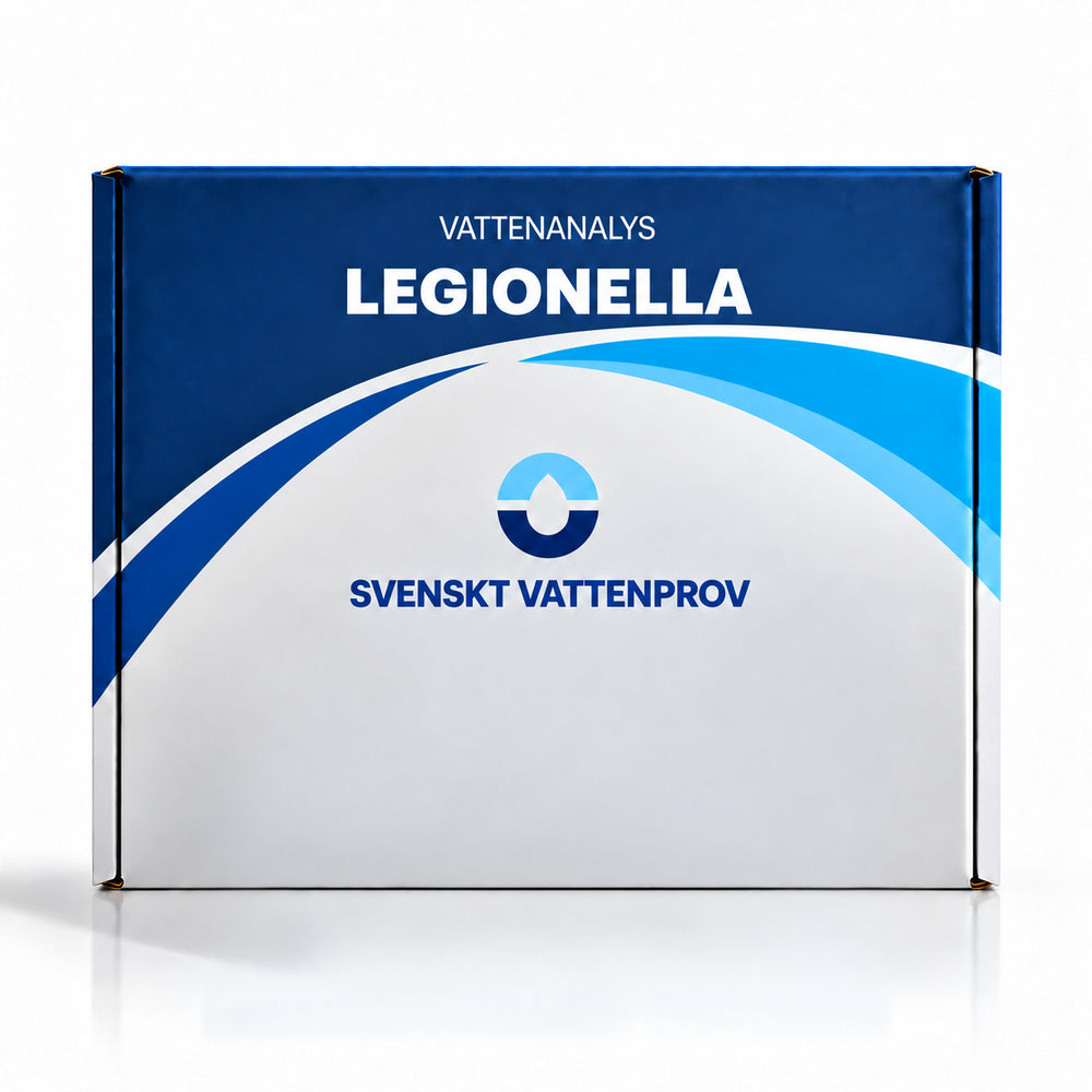 Provtagningskit för legionellaanalys från Svenskt Vattenprov – kartong märkt LEGIONELLA med steril provflaska, kylklampar och returetikett