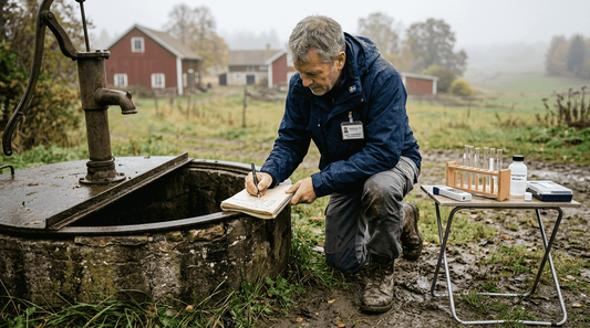Miljöinspektören gör anteckningar vid en brunn ute på landet.