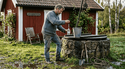 Brunnsägaren tar vattenprov från sin grävda brunn