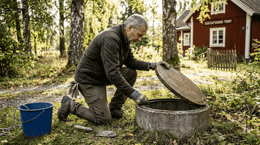 Villaägare ser över brunnen på sin tomt ute på landet.