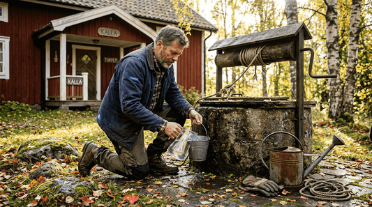 En man undersöker vattnet från sin egen brunn på tomten.