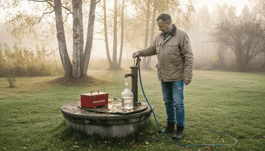 En man tar vattenprov vid en brunn på landsbygden.