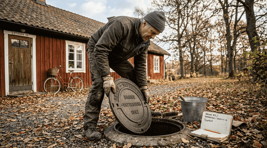 En villaägare öppnar brunnslocket på tomten