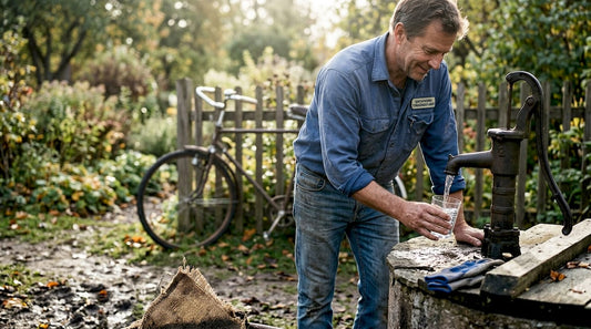 Man tar ett vattenprov från sin egen brunn i trädgården.