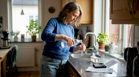 Brunnsägare undersöker sitt dricksvatten i köket med hjälp av provrör