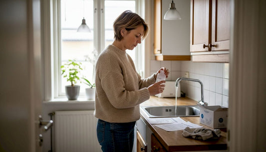 Homeowner filling water test bottle kitchen