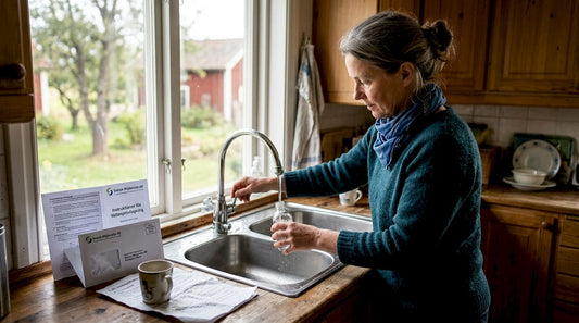 En kvinna tar ett vattenprov från kökskranen hemma.