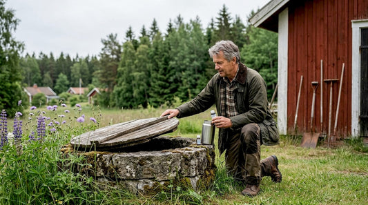 Well owner inspecting rural Swedish backyard well