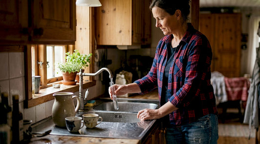 En kvinna tar ett vattenprov vid diskbänken i ett lantligt kök.