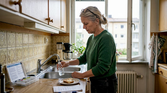 Homeowner filling water test bottle at kitchen sink