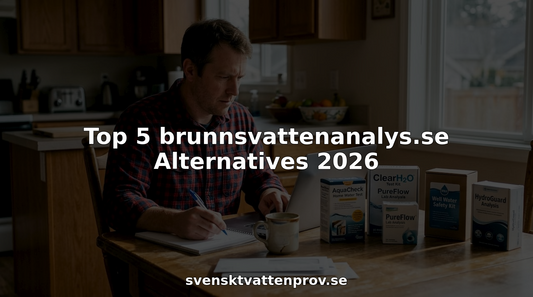 Man comparing water analysis service options at kitchen table