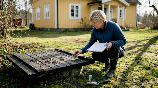 Woman testing well water in Swedish backyard