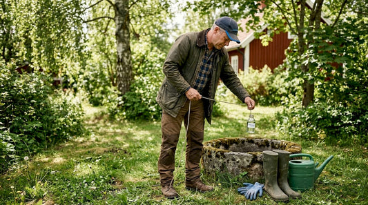 En person tar ett vattenprov från brunnen på tomten.