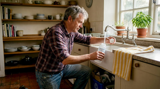 Man testing kitchen tap for well water quality