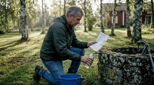 Man collecting water sample beside rural Swedish well