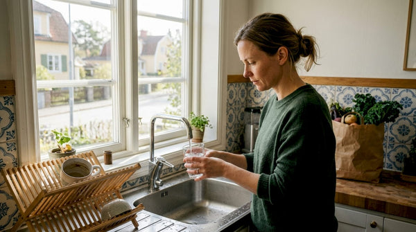 Woman checking water clarity at kitchen sink