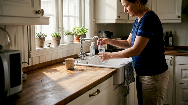 En kvinna tar ett vattenprov vid kökskranen.