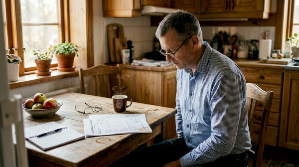 En man sitter vid köksbordet och går igenom resultaten från en vattenanalys.