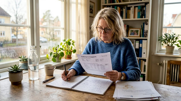 En kvinna sitter vid sitt skrivbord och går noggrant igenom en vattenrapport.