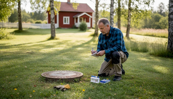 Swedish homeowner checking well by rural house