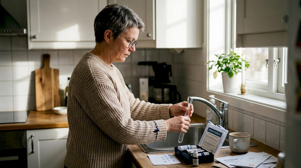 En kvinna genomför ett vattenprov i sitt eget kök.