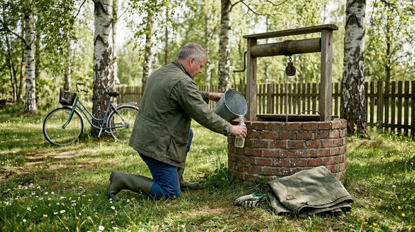 Man collecting water sample at Swedish rural well