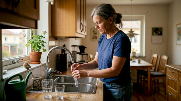 En kvinna tar ett vattenprov vid diskbänken hemma i köket.