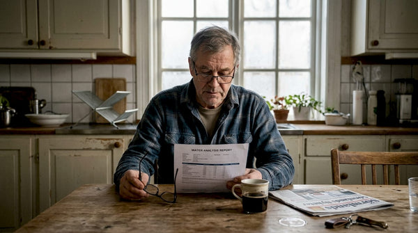 Swedish well owner reading water report at kitchen table