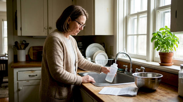 Woman filling water test bottle at kitchen sink
