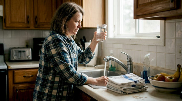 Kvinna granskar vattnet från kökskranen