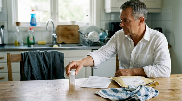 Någon fixar med vattenprover vid köksbordet.