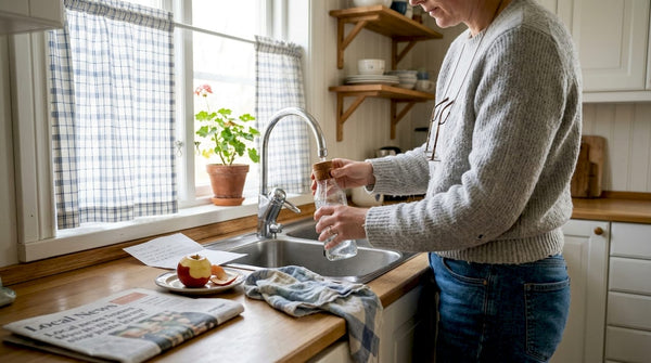 Woman collecting well water sample in kitchen