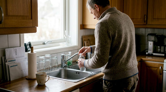 En brunnsägare tar ett vattenprov vid diskbänken i köket.
