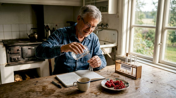 Man undersöker sitt brunnsvatten hemma vid köksbordet
