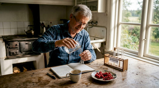 Man undersöker sitt brunnsvatten hemma vid köksbordet