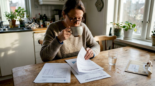 En kvinna sitter vid köksbordet och går igenom en rapport om vattnet.