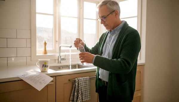 Homeowner collecting well water sample in kitchen