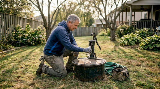 Villaägare tar vattenprov från sin egen brunn på tomten.