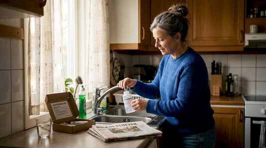 En kvinna utför ett vattenprov hemma i sitt kök.
