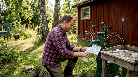 Swedish homeowner taking well water sample outdoors