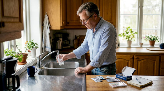 Villaägaren kontrollerar vattenkvaliteten i köket