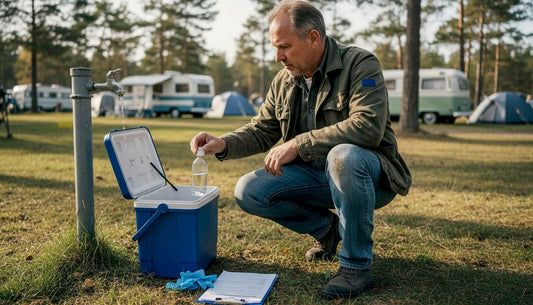 Campingvärden tar ett vattenprov vid kranen.