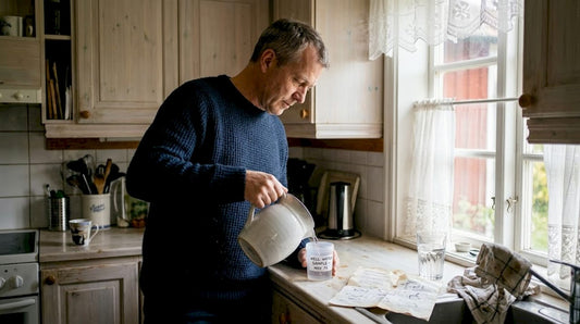 Man testing water in Swedish farmhouse kitchen