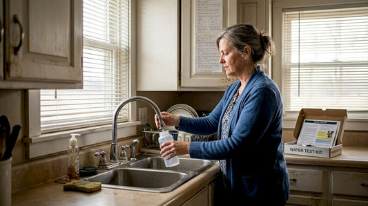 Woman taking drinking water sample at kitchen sink