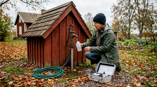 Homeowner testing well water at wooden well