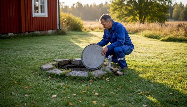 En kontroll av den bergborrade brunnen utförs ute på gårdsplanen.