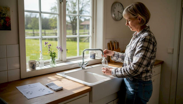 Swedish homeowner collecting well water sample