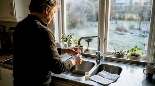 Homeowner collecting well water sample in kitchen